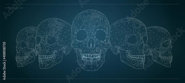 Fototapeta Set of sculls. Low poly vector illustration of a mesh . Illustration consists of lines, dots and shapes. Wireframe connection structure.