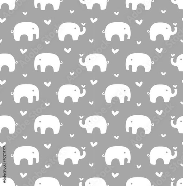 Obraz Elephants and hearts seamless pattern design. Heart and elephant print for kids and baby fabric or paper in white and grey.