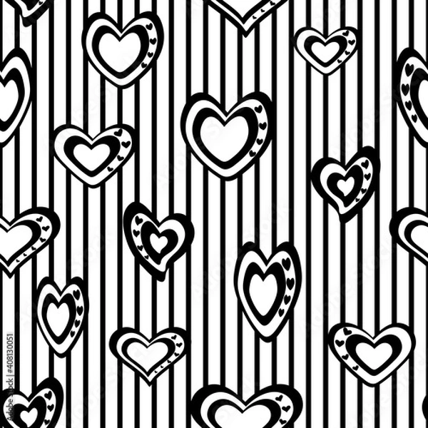 Obraz Seamless vector pattern. Stylized black and white hearts on a striped background.