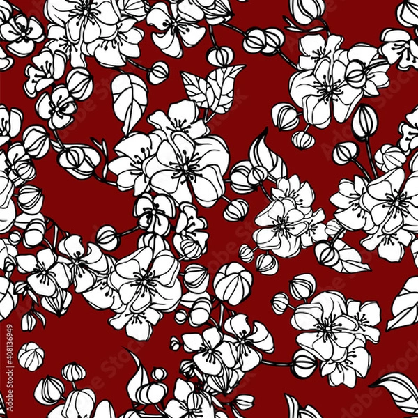 Fototapeta The seamless pattern of white flower blossoms on a dark red background. Vector illustration