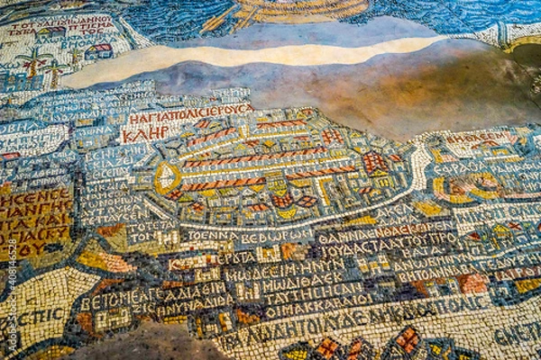 Fototapeta Jordan, in the city of  Madaba, the famous map of Jerusalem in the early byzantine Church of  St George. Sixth century AD.