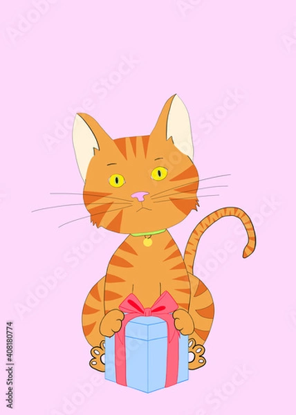 Fototapeta Illustration drawing of one orange tabby kitten sitting behind a light blue present box with red bow on a pink background, looking directly at viewer. With copy space for your text.