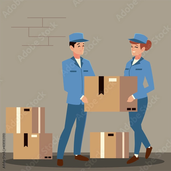Fototapeta postal service postman and female workers with stack of boxes