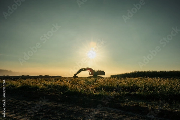 Fototapeta An excavator sits under the rising sun as the fog gently lifts from the ground.