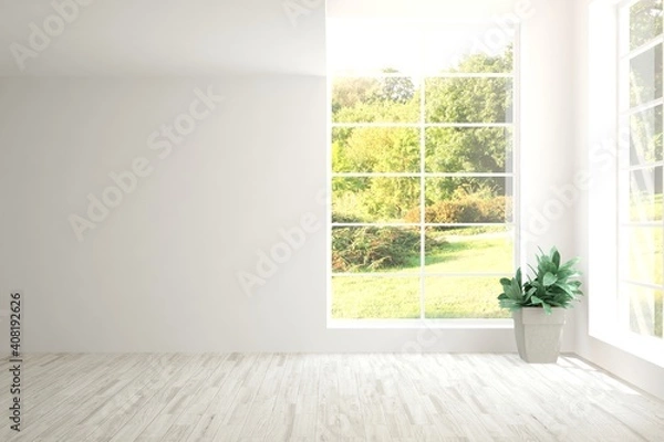 Obraz White empty room with summer landscape in window. Scandinavian interior design. 3D illustration