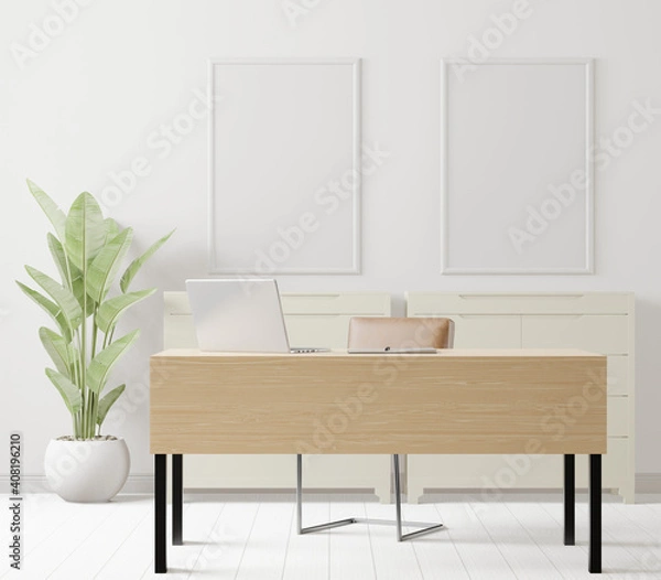Fototapeta A couple of mock up poster frame in modern interior background behind of table in office room with a tree, 3D render, 3D illustration