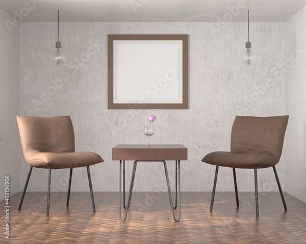 Obraz A mock up poster frame in modern interior background in living room behind of chair with flower, 3D render, 3D illustration