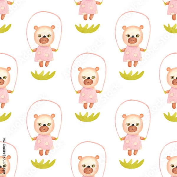Fototapeta A little bear jumping on a rope. Seamless pattern with white background. The illustration is hand-drawn in watercolour. It can be used for children's fabrics, packaging paper, pictures, covers.