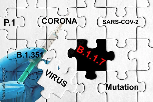 Obraz Puzzle with different Corona Virus Variants. Sars-cov-2, P.1, B.1.1.7, B.1.351