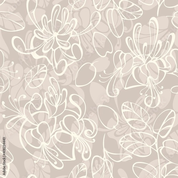Fototapeta Seamless pattern with honeysuckle flowers and leaves on a beige background.
