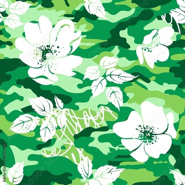 Fototapeta Green camouflage background with white flowers. Seamless pattern.