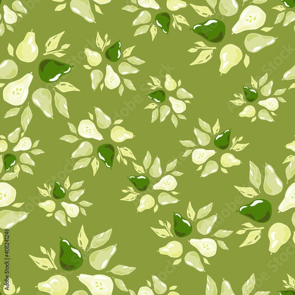 Obraz Random seamless pattern with doodle pear ornament and leaf silhouettes. Green background. Nature food backdrop.
