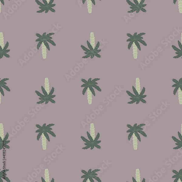 Fototapeta Pale palette seamless pattern with grey colored palm tree ornament. Lilac pastel background. Doodle style.