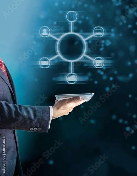 Obraz Omnichannel retail concept. Man using mobile payments online shopping and customer network connection