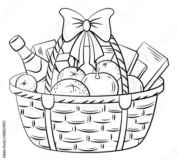 Fototapeta A Wattled Basket with Holiday Gifts, Fruits, Boxes and a Bottle of Champagne Wine. Black Contours Isolated on White Background. Vector