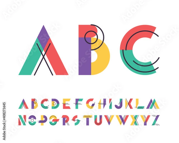 Obraz Lines and colorful blocks' latin font, graphical decorative alphabet.