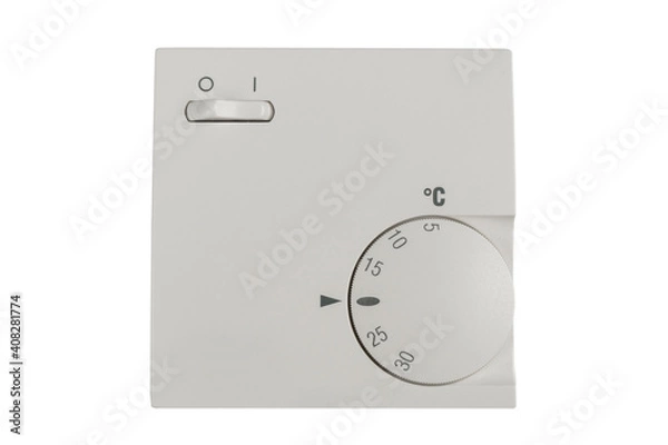 Fototapeta Digital climate thermostat controlling object. close up white thermostat isolated on white background