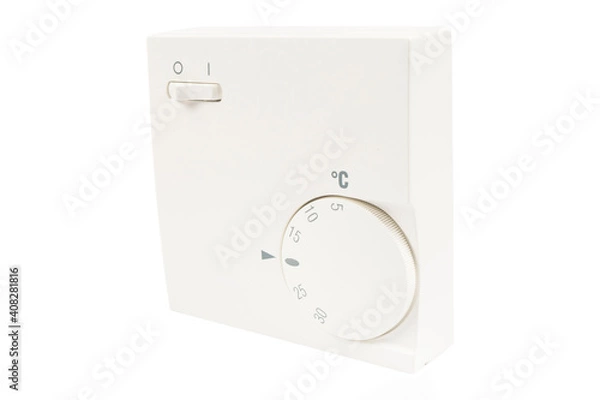 Fototapeta Digital climate thermostat controlling object. close up white thermostat isolated on white background