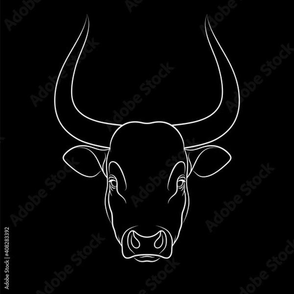 Obraz Stencil of stylized bull outline on black background. Line art. Stencil art. Linear drawing.