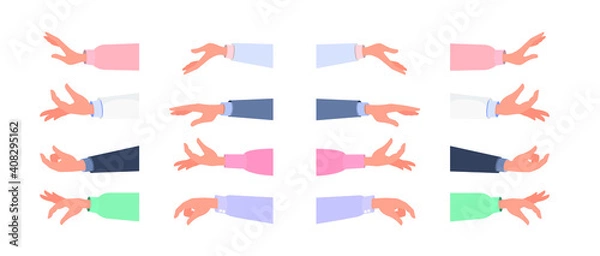 Fototapeta Set of people hands, male, female, sleeve, clothes, hold in hands. Concept: show, demonstrate, gesture. Vector flat cartoon illustration isolated on white background, eps 10.
