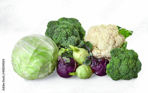 Fototapeta Cabbage on isolated background. Different kinds of cabbage: white cabbage, cauliflower, broccoli, kohlrabi