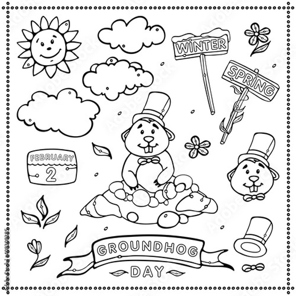 Fototapeta Collection of Happy Groundhog Day. Set of Outline Cartoon Vector Illustrations Forecasting the Weather