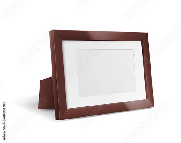 Fototapeta Wooden photo frame standing over white background. Realistic frame for picture