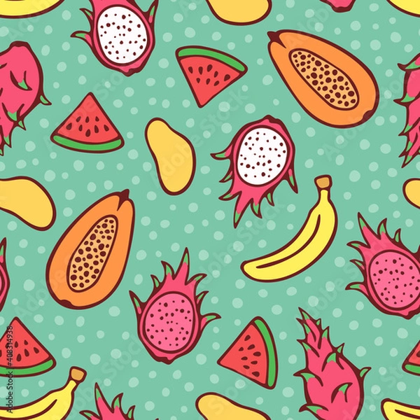 Fototapeta Vector seamless pattern of hand drawn tropical fruits: papaya, dragon fruit, banana, watermelon, mango.
