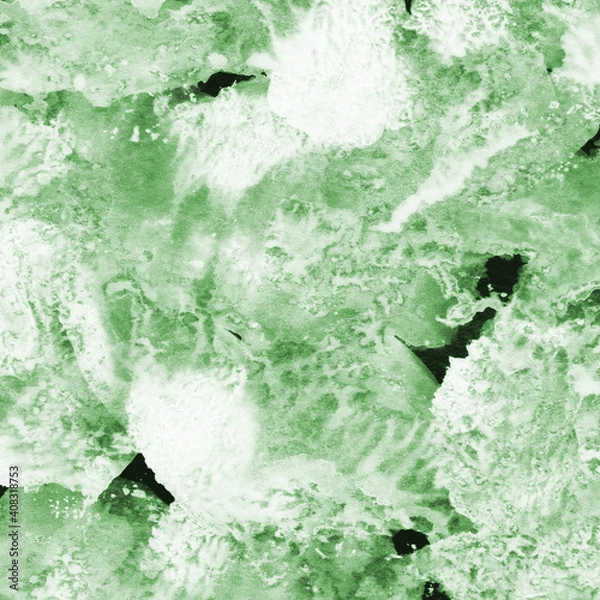 Fototapeta Green ink and watercolor texture on white paper background. Paint leaks and decalcomania effects. Hand-painted gouache abstract image. Mess on the canvas.