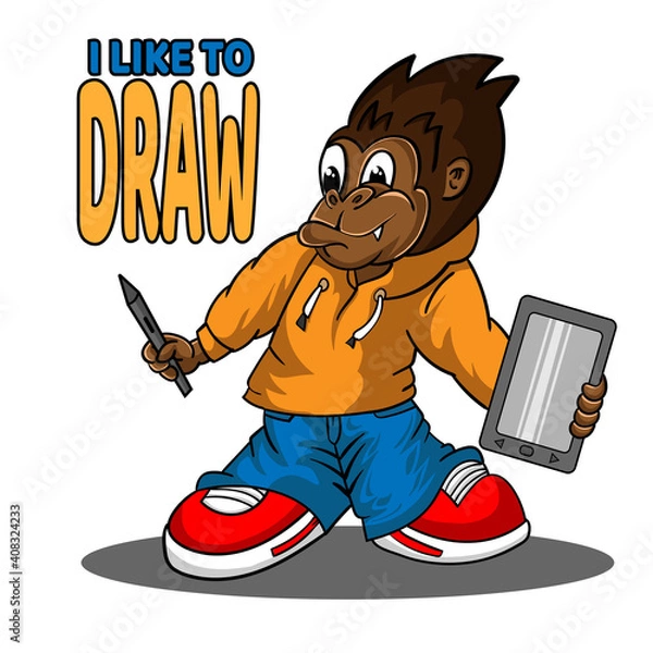 Obraz gorilla cartoon vector illustration holding tablet drawing
