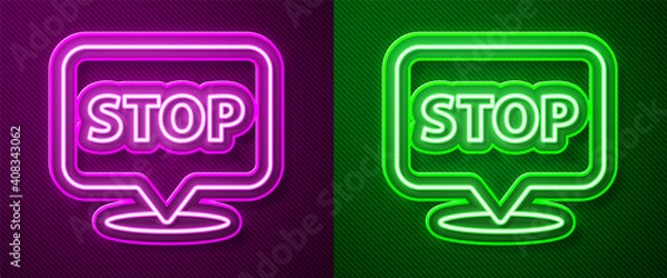 Fototapeta Glowing neon line Protest icon isolated on purple and green background. Meeting, protester, picket, speech, banner, protest placard, petition, leader, leaflet. Vector.