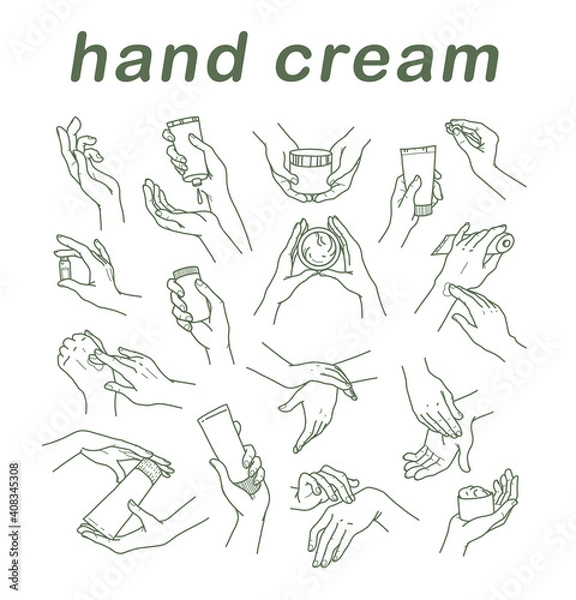 Fototapeta Collection of human hands with hand cream and moisturizer tube in different gestures and posses isolated on white background. Vector hand drawn line art illustration. For banners, ads, emblems, tags.