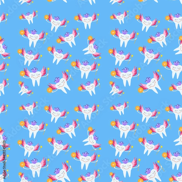 Fototapeta Seamless pattern tooth fairy. Cartoon vector illustration on blue background. Tooth fairy wearing crown and holding a star magic wand and coin. The tooth fairy smiles and flies to give the coin.