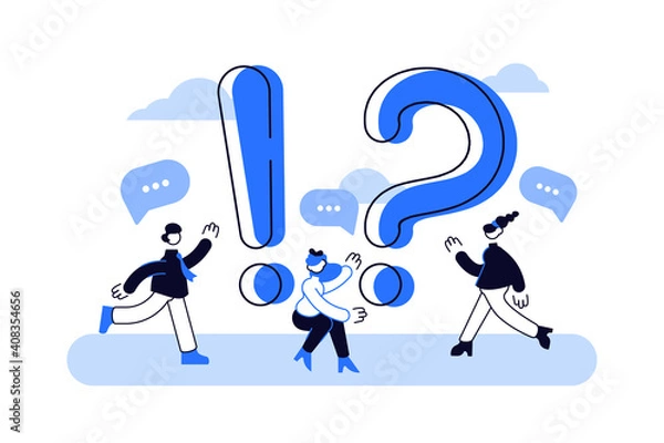 Fototapeta Woman and Man standing near Exclamations and Question