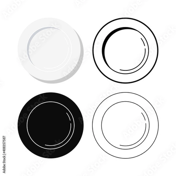 Obraz Empty plate icon set vector illustration isolated on white background. Top view classic clean dinner plate icon in flat, line art, simple design.