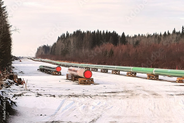 Fototapeta A long row of pipeline being pieced together