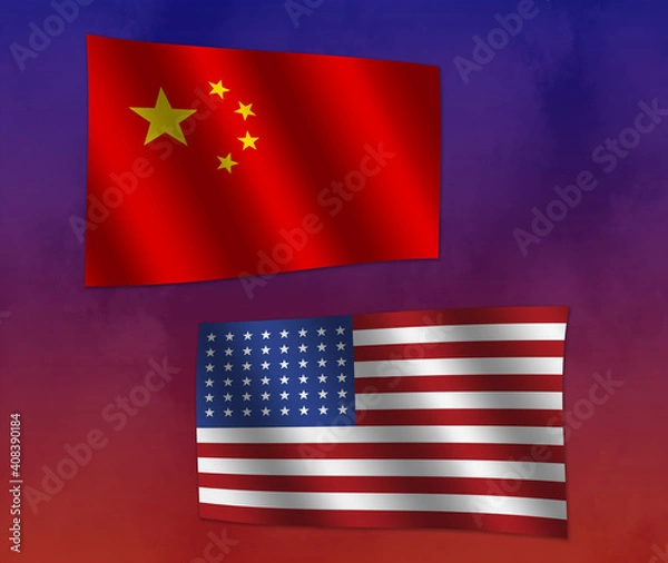 Fototapeta The red Chinese flag and the American Stars and Stripes flag on a red and blue background