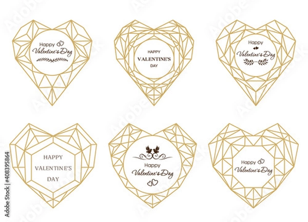 Fototapeta Heart shape frames. Vector crystal forms. Golden geometric hearts. Frames for a wedding invitation or another occasion. Frames with greeting phrases for Valentine's Day.