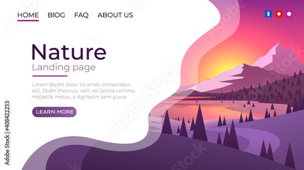 Fototapeta Landing page screen, nature landscape template cover. website background. Vector