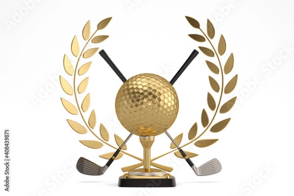 Fototapeta Golden golf trophy isolated on white background. 3D illustration.