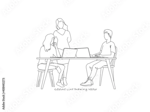 Fototapeta group conversation people. Gesture drawing line vector.