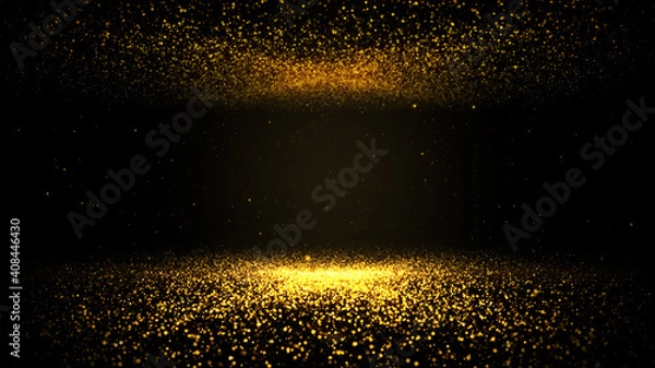 Fototapeta Abstract background shining golden floor ground particles stars dust. Futuristic glittering in space on black background.	