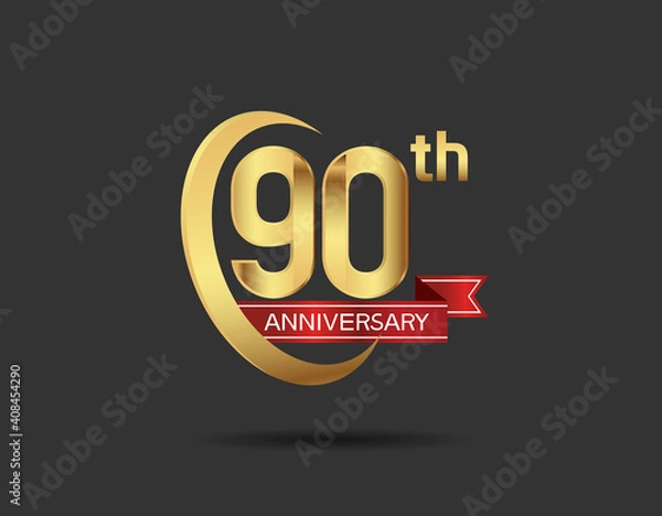 Fototapeta 90 years anniversary logo style with swoosh ring golden color and red ribbon isolated on black background for company celebration, greeting, and invitation