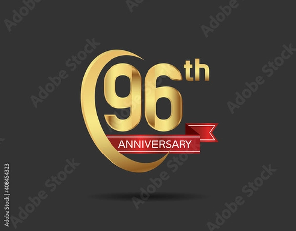 Fototapeta 96 years anniversary logo style with swoosh ring golden color and red ribbon isolated on black background for company celebration, greeting, and invitation