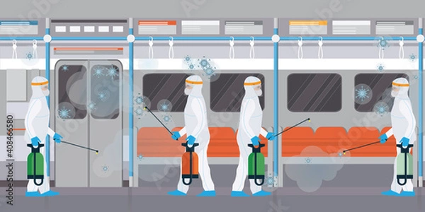 Fototapeta Specialist in hazmat suit cleaning and disinfecting coronavirus cells in subway train.