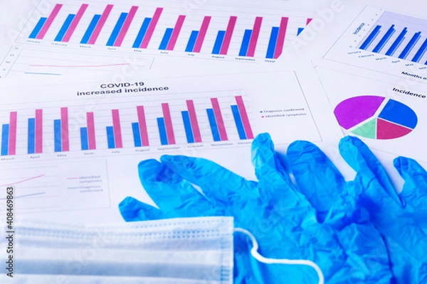 Obraz Coronavirus. The graph of increased incidence of covid-19, gloves, mask.