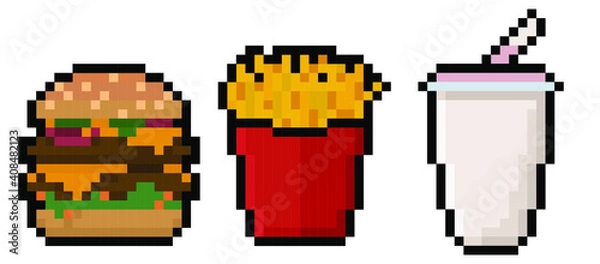 Fototapeta Set of pixel fast food items - hamburger, french fries, and a milkshake