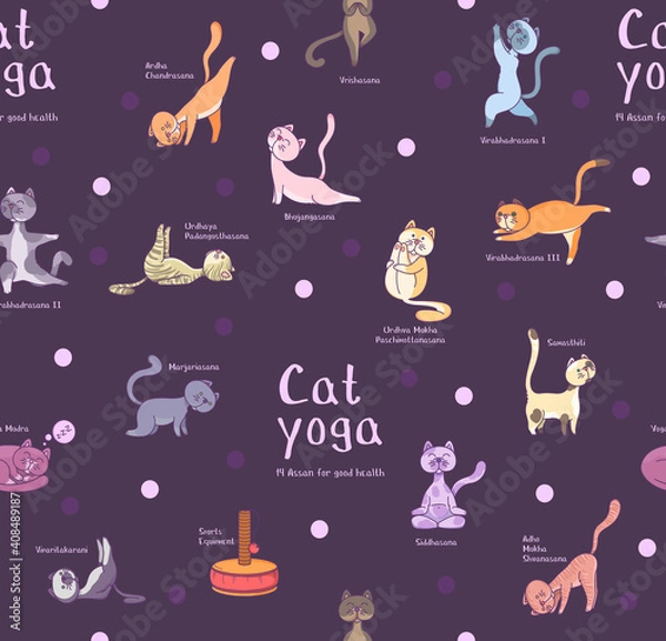 Fototapeta Vector pattern of cat yoga characters on a dark background. Set of cats in asanas. For printing on clothing or products.