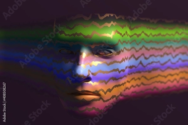 Fototapeta Artistic digital representation of a human head. Colorful gradient and golden waves. 3D render / rendering/