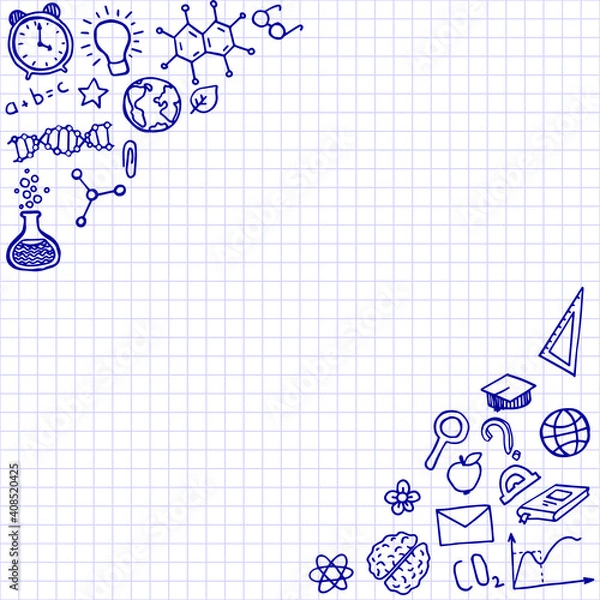 Fototapeta Vector frame template with school symbols. Physics, chemistry, biology, geography, mathematics and other school subjects. Science elements are drawn with a line. Background for children and students
